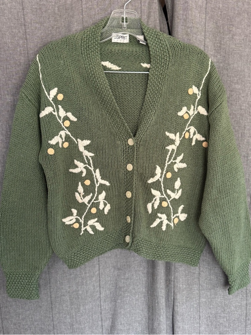 Esprit Silk Cotton Green Knit Cardigan Embroidered White Vine Cottage Granny Med